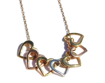 Vintage OroAmerica 14K Gold “Mystic Hearts” Necklace, Tri-Tone Open Heart Charms in Yellow, Rose, and White Gold, With Original Box