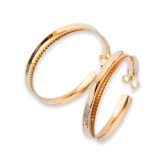 Vintage 14K Gold Hoop Earrings, Large / Wide Hoop… - image 1