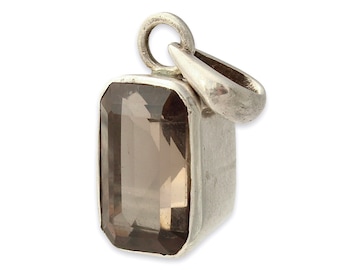 Vintage Smoky Quartz Sterling Silver Pendant, Emerald Cut Gemstone in Thick Chunky Bezel, Estate Jewelry