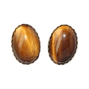 Vintage Tiger’s Eye Sterling Silver Stud Earrings, Oval Cabochon Studs with Sawtooth Bezel, Estate Jewelry