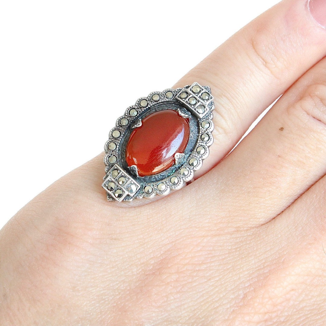 Vintage Art Deco Carnelian & Marcasite Sterling Silver Ring, Size 5 ...