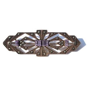 Vintage Amethyst Marcasite Sterling Silver Brooch, Baguette Cut Purple Gemstones, Estate Jewelry