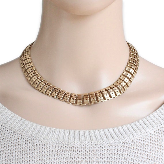 Vintage Gold Tone Brass Collar Necklace, Wide Book