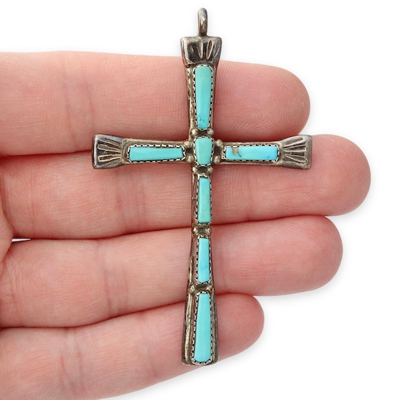 Vintage Lupe Iule Turquoise Sterling Silver Cross Pendant Zuni