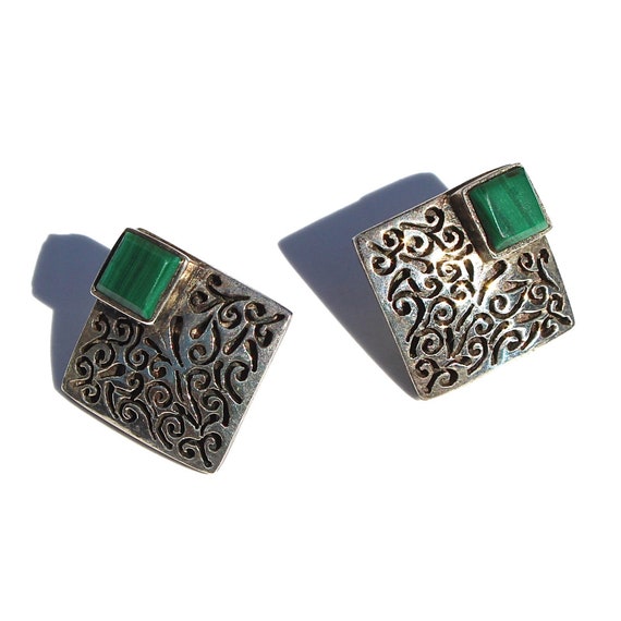 Vintage Malachite Sterling Silver Stud Earrings, … - image 1