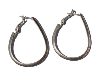 Vintage Sterling Silver Hoop Earrings, Large Oval Hoops with Beveled Knife Edge