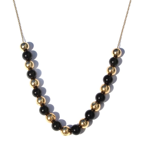 Vintage 14K Gold and Black Onyx Beaded Necklace, … - image 2