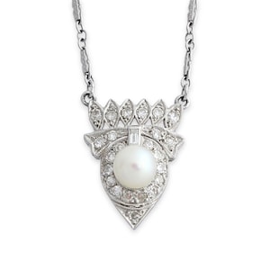 Vintage Natural Diamond & Genuine Pearl 14K White Gold Pendant Necklace
