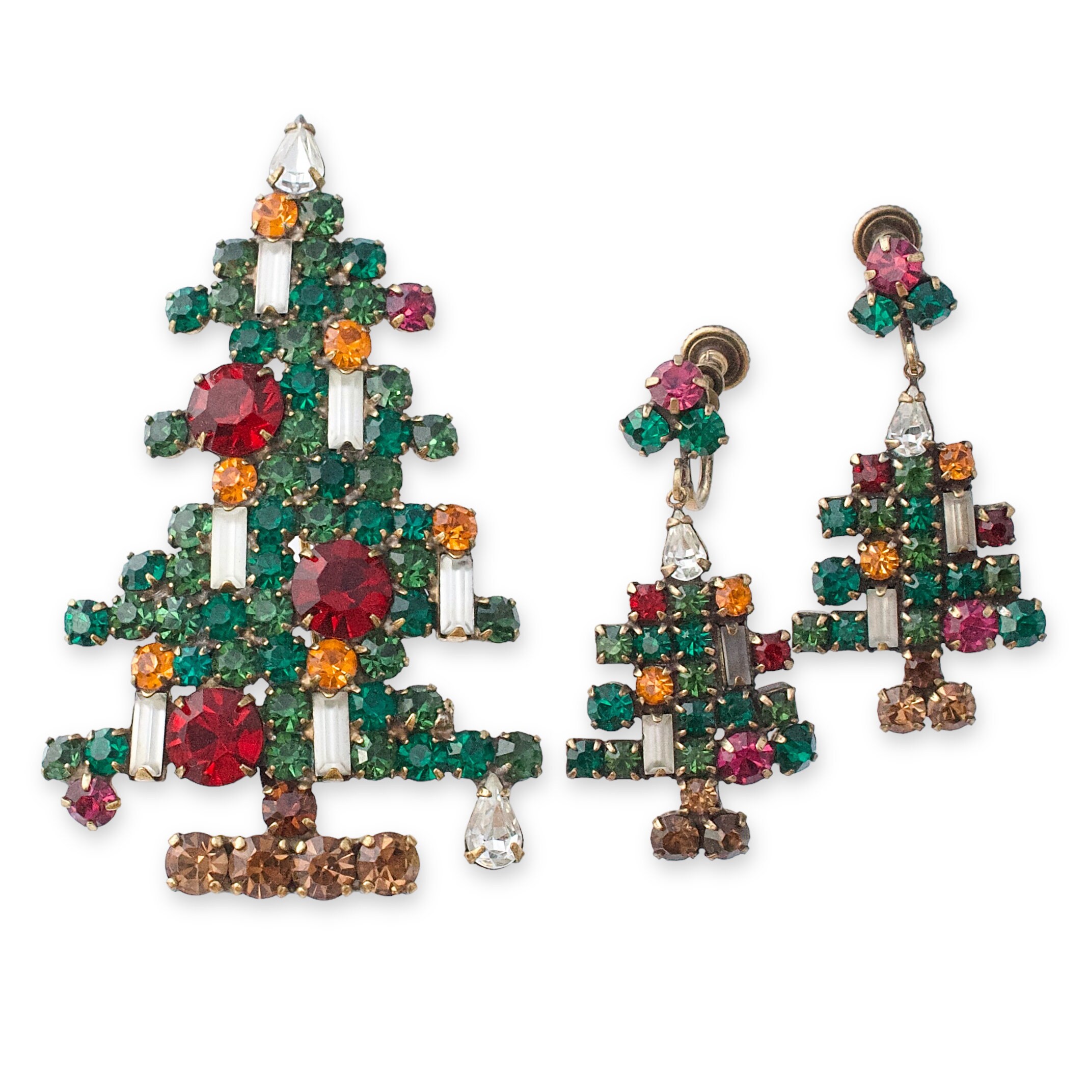 Vintage Weiss Christmas Tree Brooch & Screwback Earrings Set, Rare