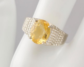 Vintage Citrine Sterling Silver Ring, Size 8, Faceted Oval Cut Solitaire
