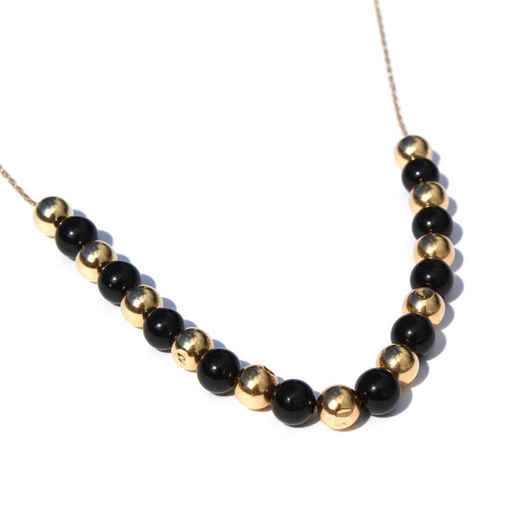 Vintage 14K Gold and Black Onyx Beaded Necklace, … - image 1