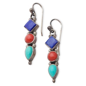 Vintage Southwestern Lapis, Coral & Turquoise Sterling Silver Dangle Earrings