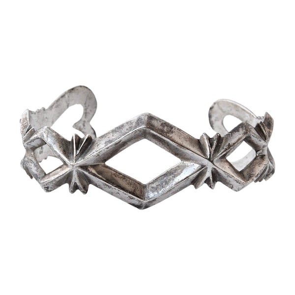 Vintage Native American Sandcast Sterling Silver Cuff Bracelet, Geometric Diamond Shape Openwork with Heart, Southwestern Estate Jewelry