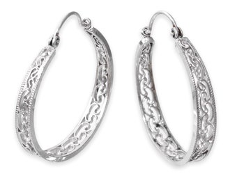 Vintage 14K White Gold Hoop Earrings, Cannetille Filigree Openwork, 1” Large Hoops
