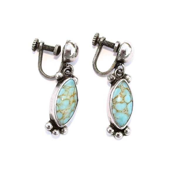 Vintage Turquoise Art Glass Sterling Silver Dangle Earrings, Marquise Shape Hubbell Glass with Screw Back Clip On, Mexican Estate Jewelry