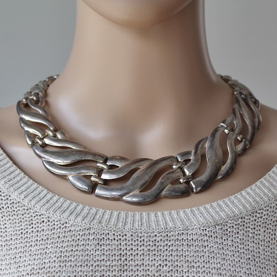 Vintage Silver Tone Panel Collar Necklace, Modern… - image 1