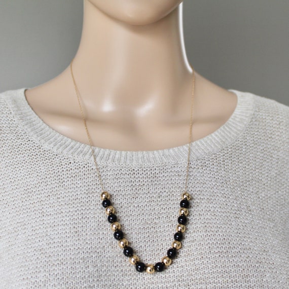 Vintage 14K Gold and Black Onyx Beaded Necklace, … - image 7