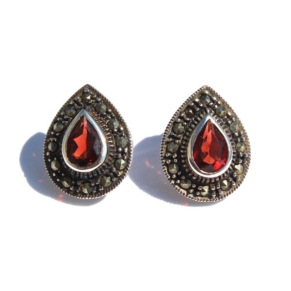 Vintage Garnet Marcasite Stud Earrings, 925 Sterling Silver Studs, Teardrop Pear Shape, Estate Jewelry