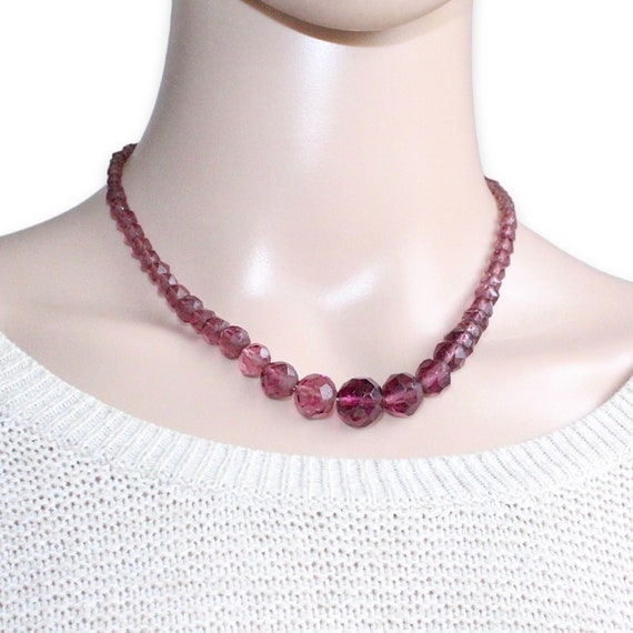 Vintage Amethyst Glass Beaded Necklace, Graduated… - image 1