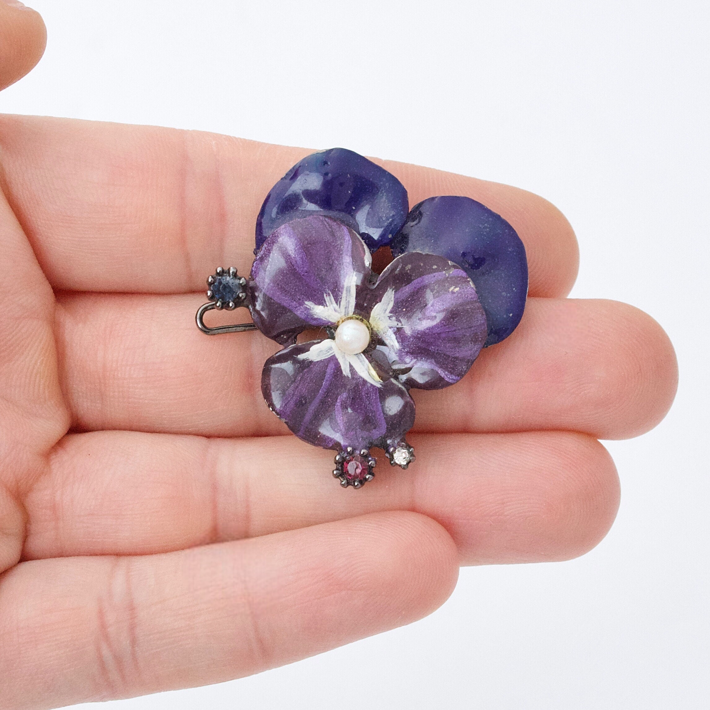 Vintage Gerard Yosca Purple Pansy Flower Hair Barrette Hand Painted Pin Clip Vintage Gerard Yosca Red Pansy Flower Hair Barrette, Hand  main image 3