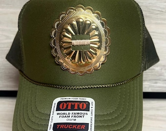 Western Gold Concho Trucker Hat in Army Green