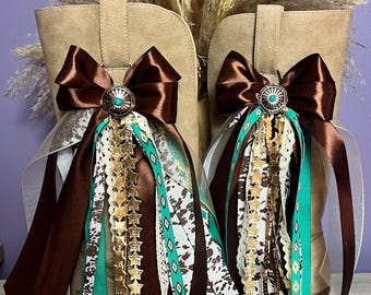 Turquoise Cow Print Boot Bow Clips • Western Cowgirl Rodeo Charm Pair