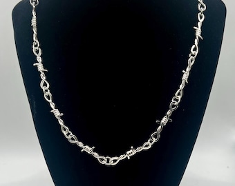 Unisex Barbed Wire Thorn Silver Tone Necklace-Custom Length