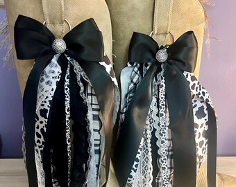 Cow Print Boot Bow Clips • Handmade Western Cowgirl Boot Accessories • Black & White Rodeo Charm