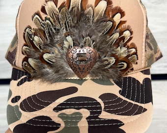Duck Camo Trucker Hat with Western Feathers & Concho • Cowgirl Rodeo Cap • Handmade Western Accessory