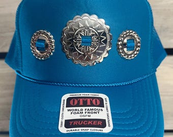 Western Silver Concho Trucker Hat in Turquoise