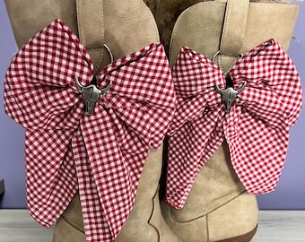 Red Gingham Bandana Boot Bow Clips • Handmade Western Cowgirl Boot Charms • Country Rodeo Access