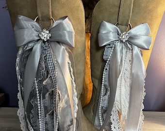 Handmade Western Cowgirl Silver/Grey Gingham Boot Bows