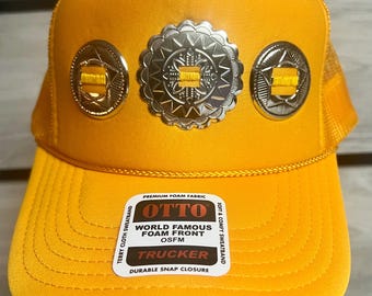 Western Silver Concho Trucker Hat in Mustard Yellow