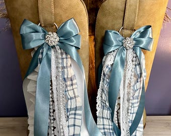Handmade Denim Blue, Gingham, and Lace Clip-on Boot Bow Set