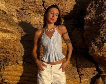 Vintage 90s Armani Jeans Blue Top, Striped Cotton Tank - Etsy Israel