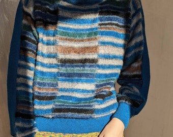Vintage 70s MISSONI Blue Striped Sweater | Button up Cozy Pullover