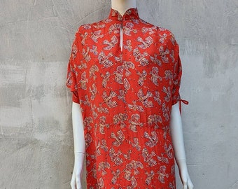 vintage 70s GUY LAROCHE silk dress. red maxi dress birds print. size small