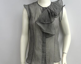 Y2k Vintage Max Mara Striped Sheer Blouse, Flounce Sleeveless Shirt