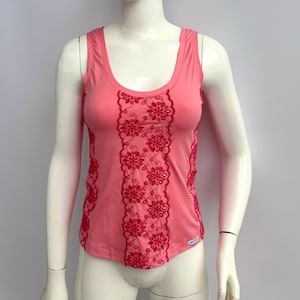 Vintage 90s Anti Flirt Pink Tank Top, Lace Floral Top
