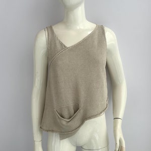 Y2k Vintage Sarah Pacini Beige Knit Top, Asymmetrical Tank Top, Front Pocket