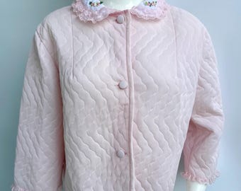 Vintage 60s Pink Quilted Blazer Gazelle, Lace Collared Button Jacket, Bed Jacket