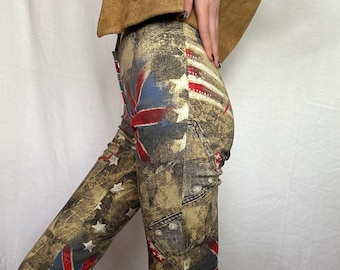 vintage 90s Tobaco denim jeans. western cowgirl jeans. British flag print pants