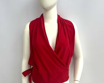 Vintage 90s Max Mara Silk Red Top, Sleeveless Wrap Blouse