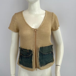 Y2k Vintage Beige Knitted T-shirt, Zip up Tank Top, Front Denim Pocket
