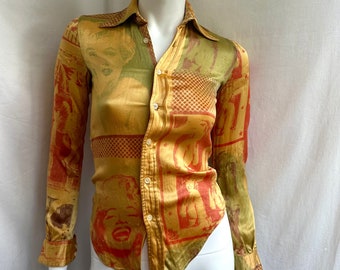 vintage 70s MADE IN HEAVEN shirt. yellow silk blouse with Marilyn Monroe print