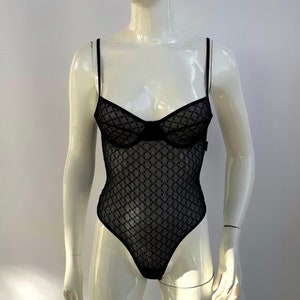 1990s Vintage Bodysuit Anti Flirt, Black Sheer Lace Bodysuit, Size Xs-S