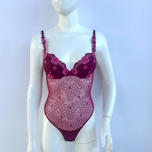 Y2k Vintage La Perla Purple Lace Bodysuit, Floral Guipure Bustier Lingerie