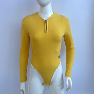 90er Vintage Gerippter Bodysuit Versace, Gelber Langarm Bodysuit