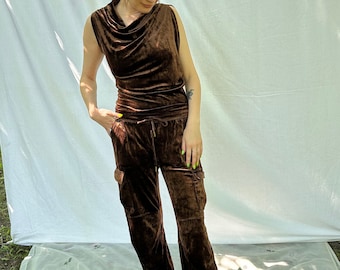 Vintage 90s Velvet Brown Suit Plein Sud, Chocolate Casual 2 Piece Pants and Tank Top