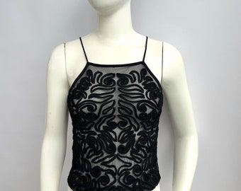 Vintage 90s Armani Black Lace Top, Embroidered Sheer Top Spaghetti Straps